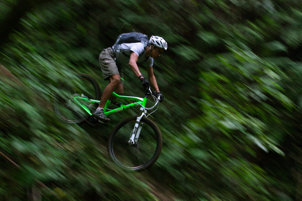 A panning shot, of a steep downhill. I didn't use flash, as I wanted the rider to blend into the background. This was enhanced by the fact that the blur of the background overlaps the rear wheel.