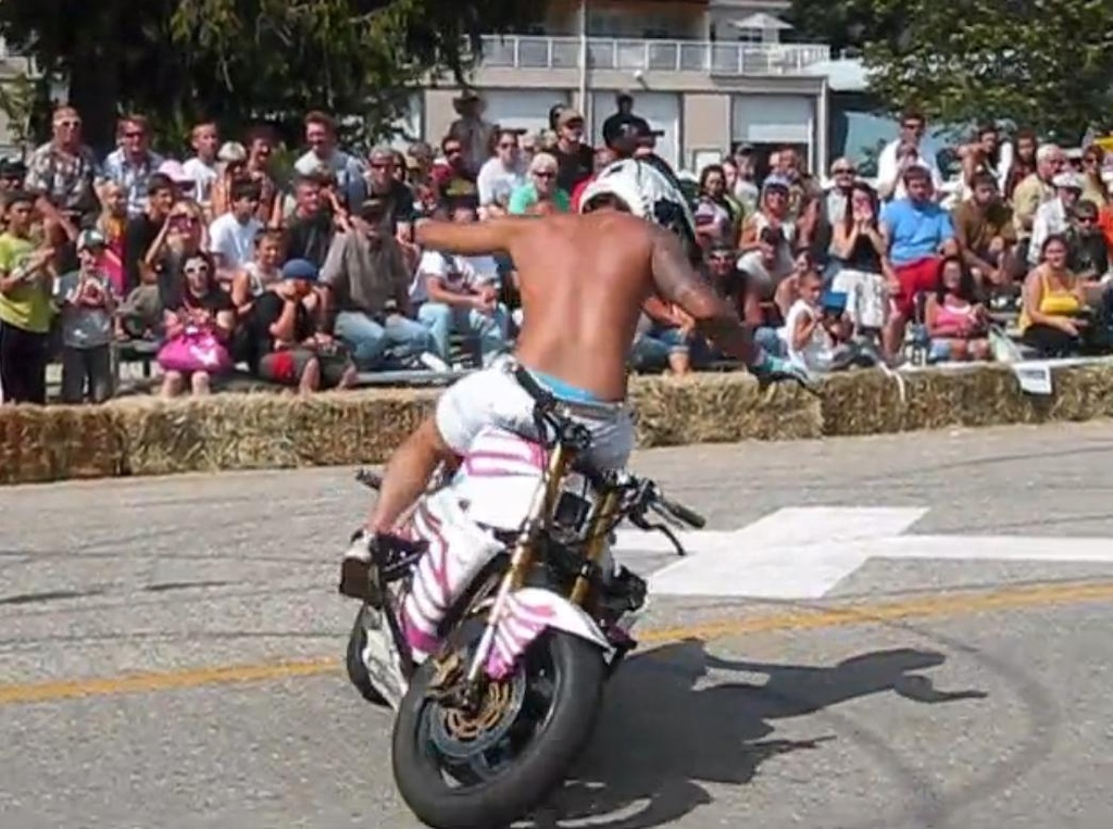 Westcoast Freestyle Stunt Riders were Performing in Sicamous for the Second Annual Sturgis North Motorcycle Rally .