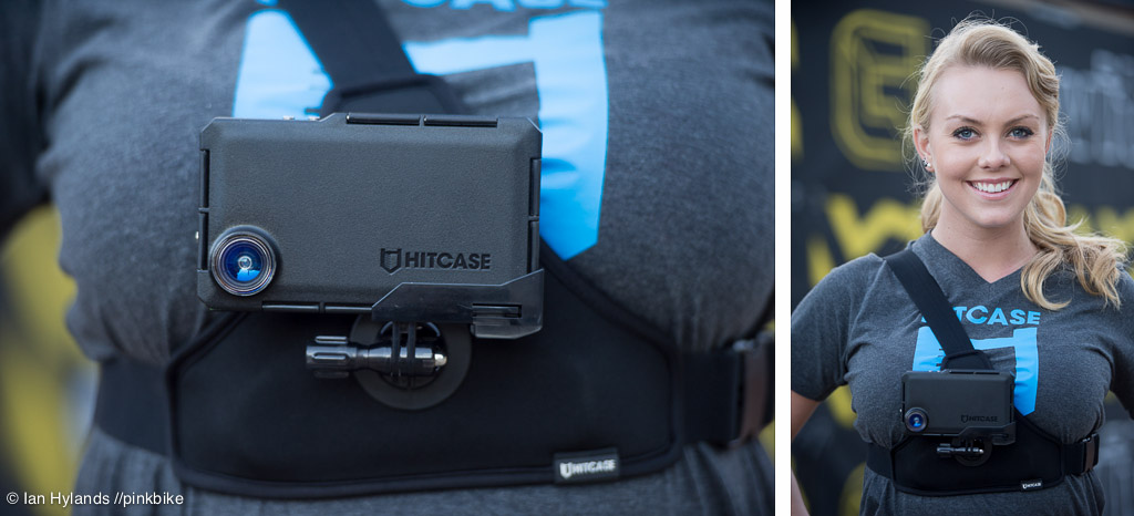 Hitcase was one of the bigger event sponsors. It's an indestructible iPhone case with various mounts. Lauren models the chest mount for us.