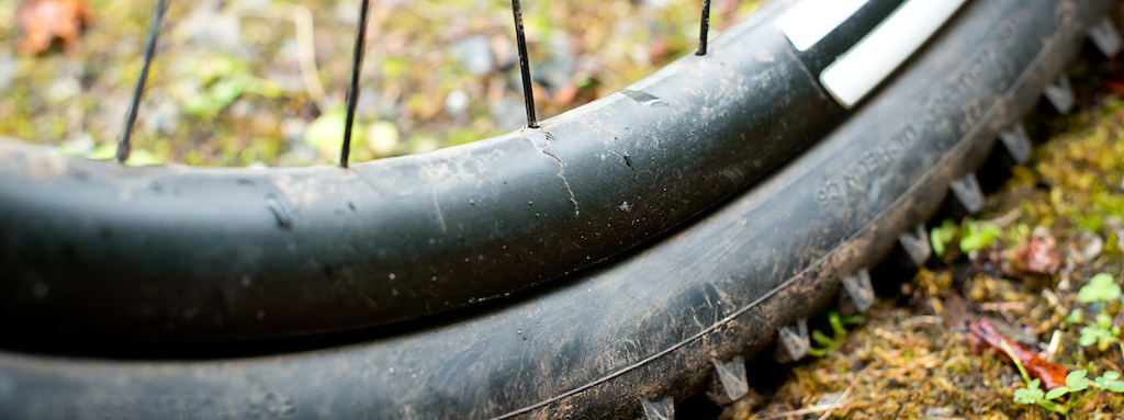 We were very surprised when we cracked the rear ENVE carbon rim on a hard G-out while testing at Whistler. We can't stress enough that you should never continue to ride any damaged component, despite us giving in to being curious as to just how long the rim would last after cracking.