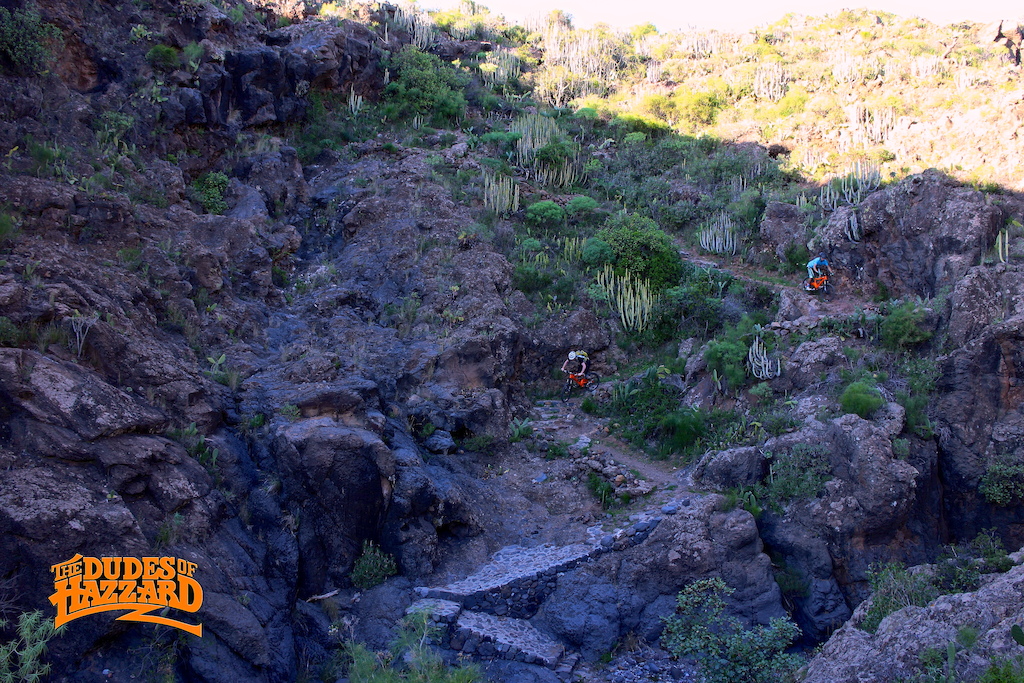 Afternoon lap of a steep rocky walkers path in Tenerife, between the cactus and the cliffs down into a deep canyon.