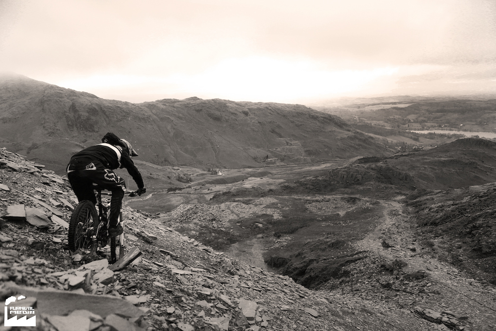 Riding the scree slope at Coniston Old Man in the Lake District