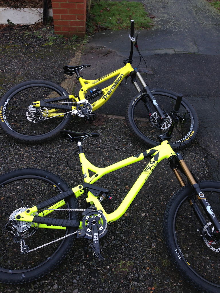 IPhone 5 camera just doesn't justify how bright the neon yellow is so heres a shot of my Commencal Meta SX and my brothers Transition TR250