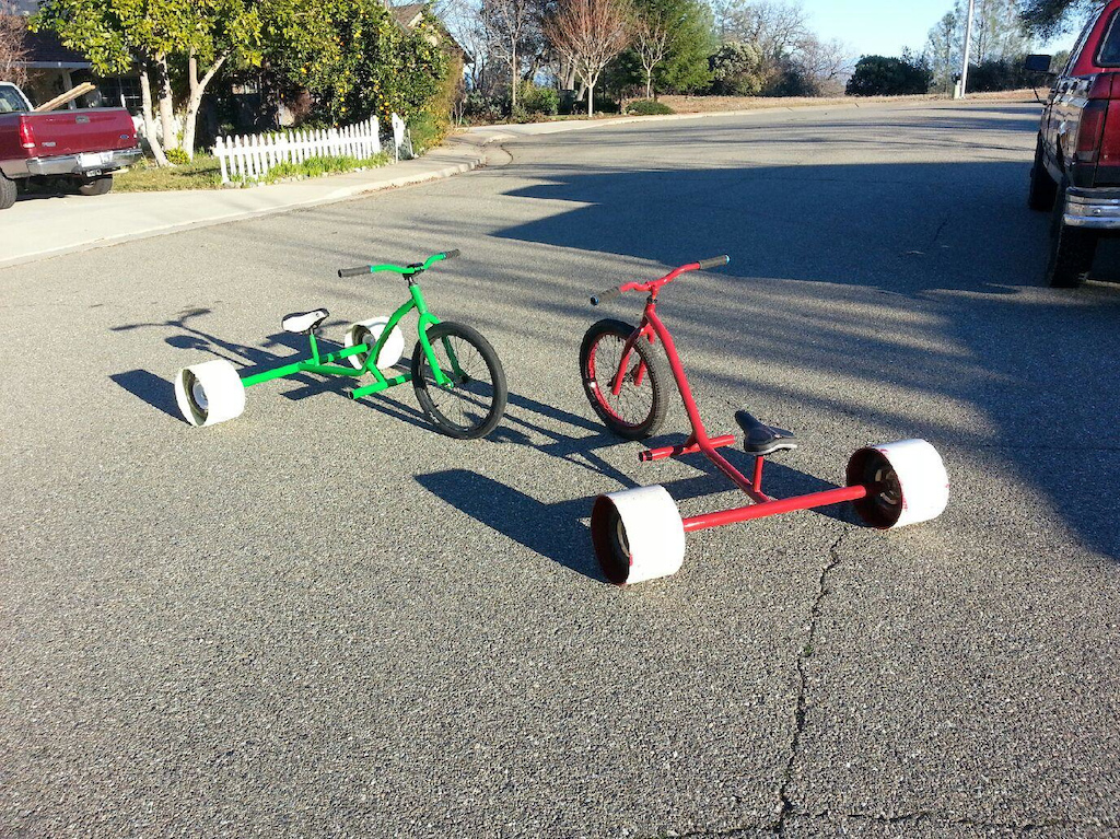 Two freestyle drift trikes straight out of the paint booth. One thing left to do. Get slideways!
