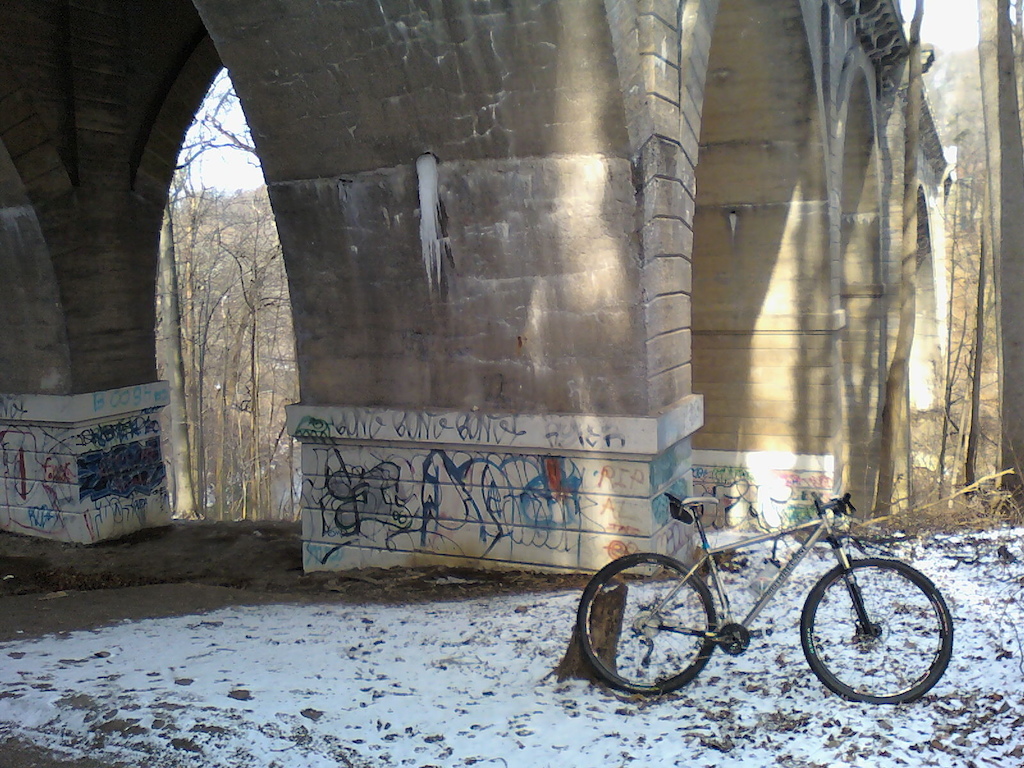 Had to stop under this bridge to take a picture of my Titanium 29ner. On this day rode this bike 31 miles from the rocky, steep, snowy trails of Wissahickon park to Performance bike south philly, grabbed a tube and rode back to the park before dark. This is a great all around bike. 

Tire pressure: 23psi for trails, 40psi+ for road