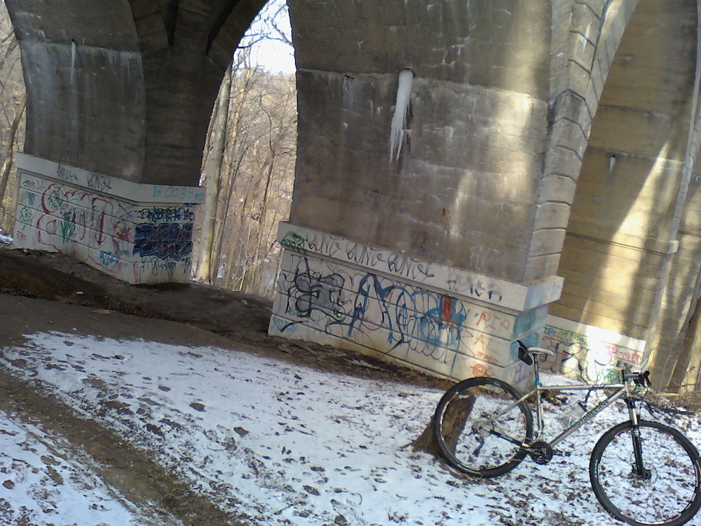 Had to stop under this bridge to take a picture of my Titanium 29ner. On this day rode this bike 31 miles from Wissahickon park to Performance bike south philly grabbed a tube and rode back to the park. This is a great all around bike. 

Tire pressure: 23psi for trails 40psi+ for road