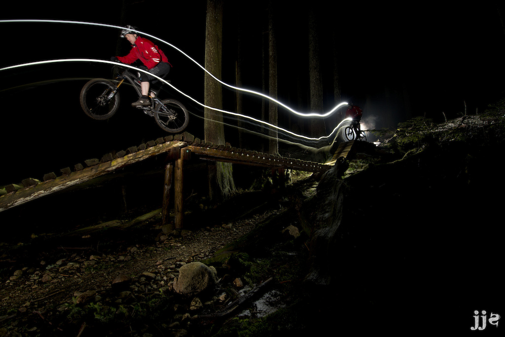 Neil still ripping the trails on day 245 of his 365 day riding challenge. Night shot on Corkscrew on Mt Seymour