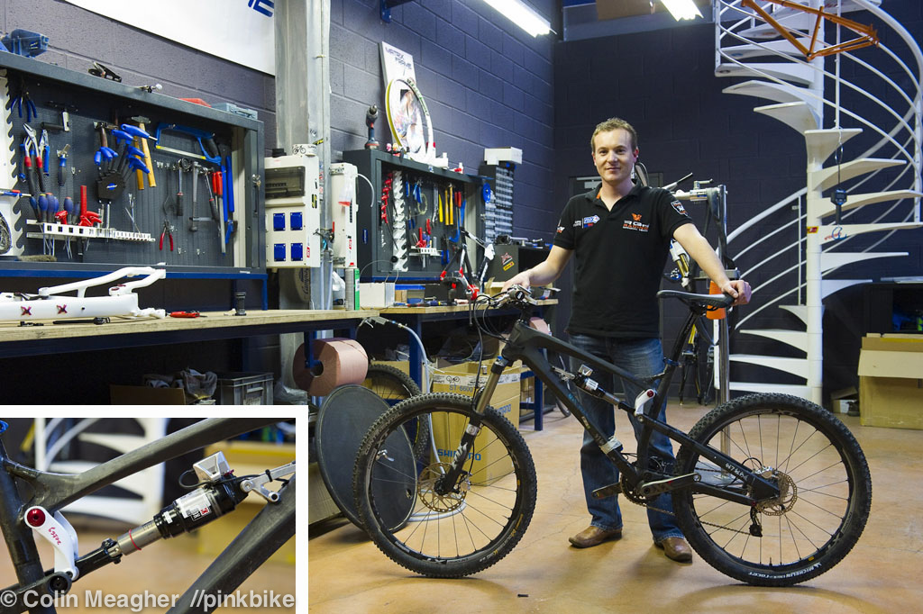 At Lapierre, it's not all bicycle assembly. There's a hell of a lot of R &amp; D. Remi Gribaudo shows off the prototype E-shock system mated to prototype 2013 Zesty carbon frame.
