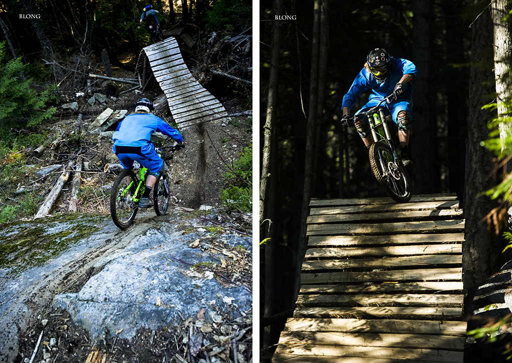 Garett follows Riley into a steep granite roll characteristic of many of Mark's trails.