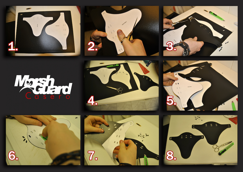1-Cut with scissors Dielines and paste at   the plastic.
2-Cut with scissors the plastic following the Dielines.
3-Separating the first mudguard.
4-Cut with scissors the second mudguard.
5-Separating the second mudguard.
6-Cut with a cutter the holes.
7-Separate the Dielines and the plastic.
8-You have two good mudguards finished.
IF ANY DOUBT CONTACT ME.