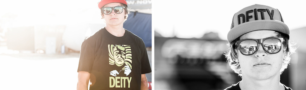 Young gun to the team Brayden Barret-Hay shows off Deity's newest line of shirts and trucker hats.