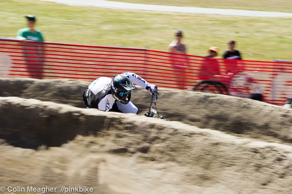 The berms are DEEP on Sea Otter's Dual Slalom track; Cam Cole is NOT a small dude.