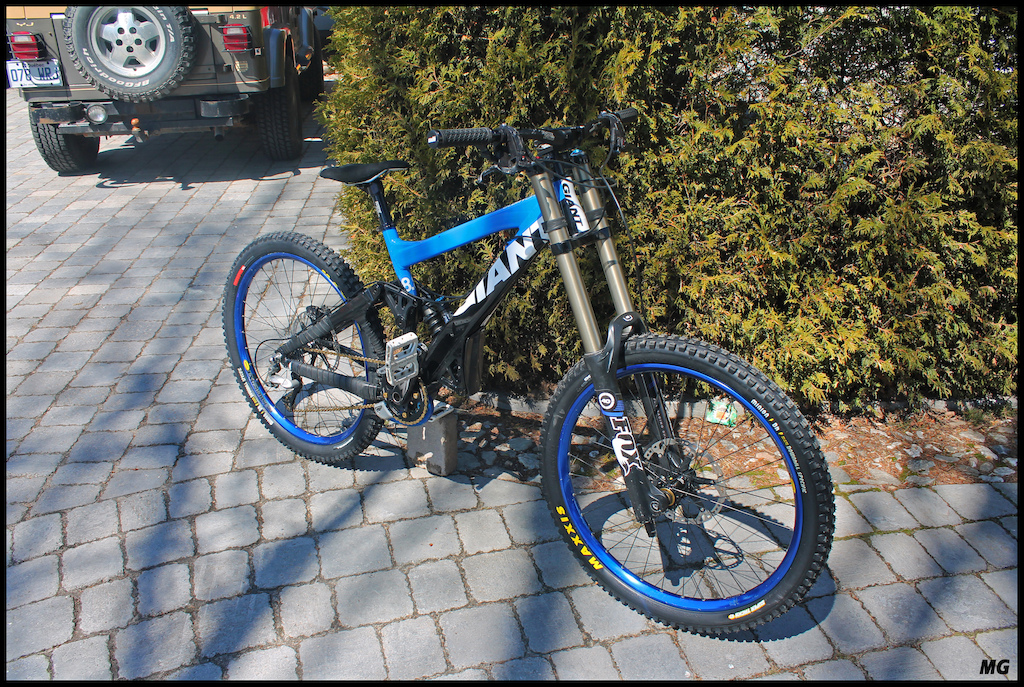 Giant Glory DH 2009

Fox 40 w /customs stickers
Saint components
Chain KMC gold
SDG grips
Maxxis Minion tires
..