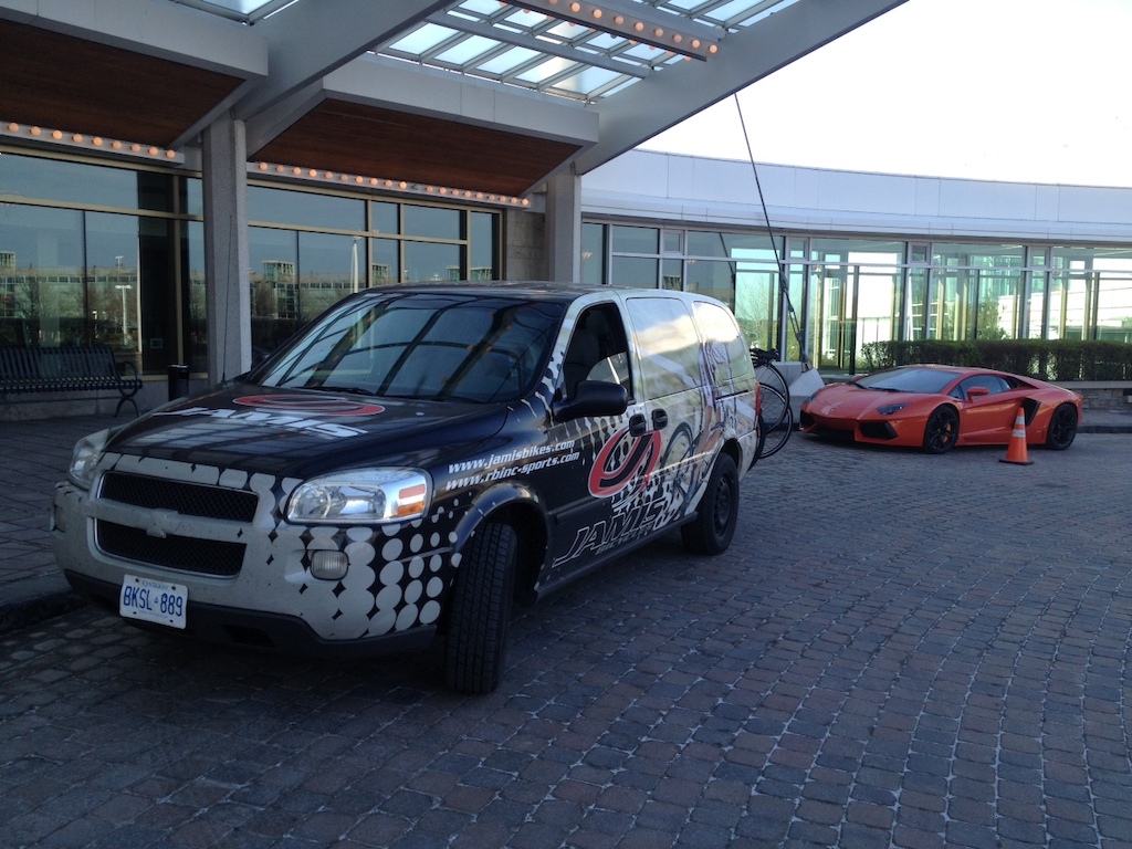 RB INC Jamis Bicycles Canada on the road, More people checking out the van than the Lamborghini!