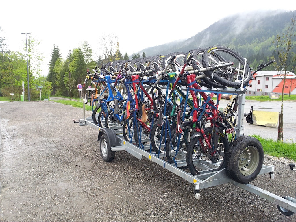 My BigHit in the first rack on the Downhill Tour's bike trailer.
