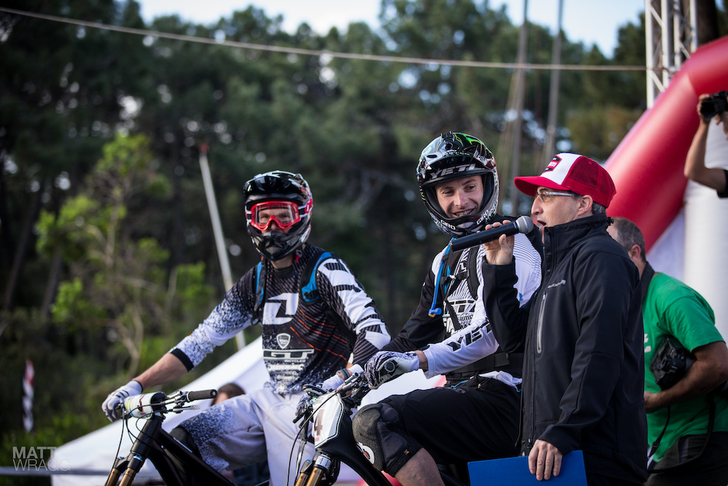 Jared Graves and Dan Atheron were paired together for today with consecutive numbers. Before they head out, Superenduro organiser, Enrico Guala, asks a few questions for the crowd.