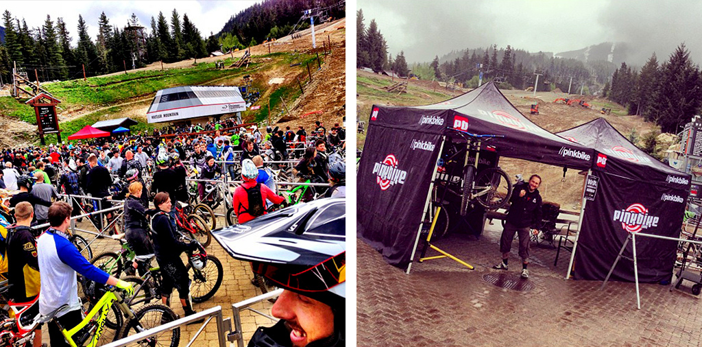 Lineups Pinkbike support tent - Whistler Bike Park opening weekend