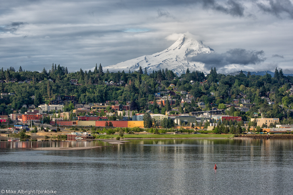 A view of Mt Hood with downtown Hood River in the foreground.