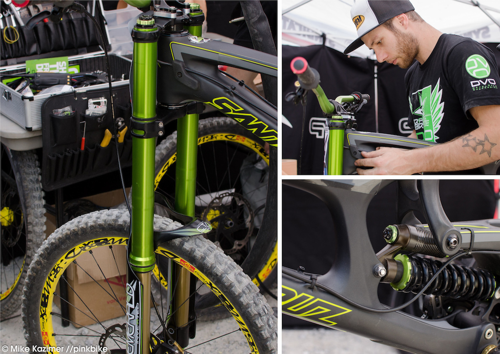 This will be the World Cup debut for the Emerald Fork and Jade rear shock. Kevin Joly, Cedric Gracia's mechanic said they were extremely happy with the performance of the DVO suspension on the track, as the numerous adjustments made it easy to tune the suspension to suit CG's needs.