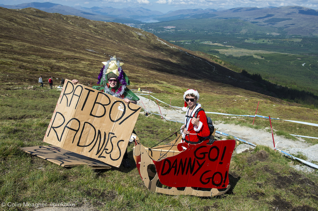 What is it with bike races and costumes? The truly mental part of this scene is the fact that it was a balmy mid twenties centigrade and these lads hiked all the way to the top of the track in a Christmas Tree costume (on the left) and a Jolly Saint Nick costume (on the right).