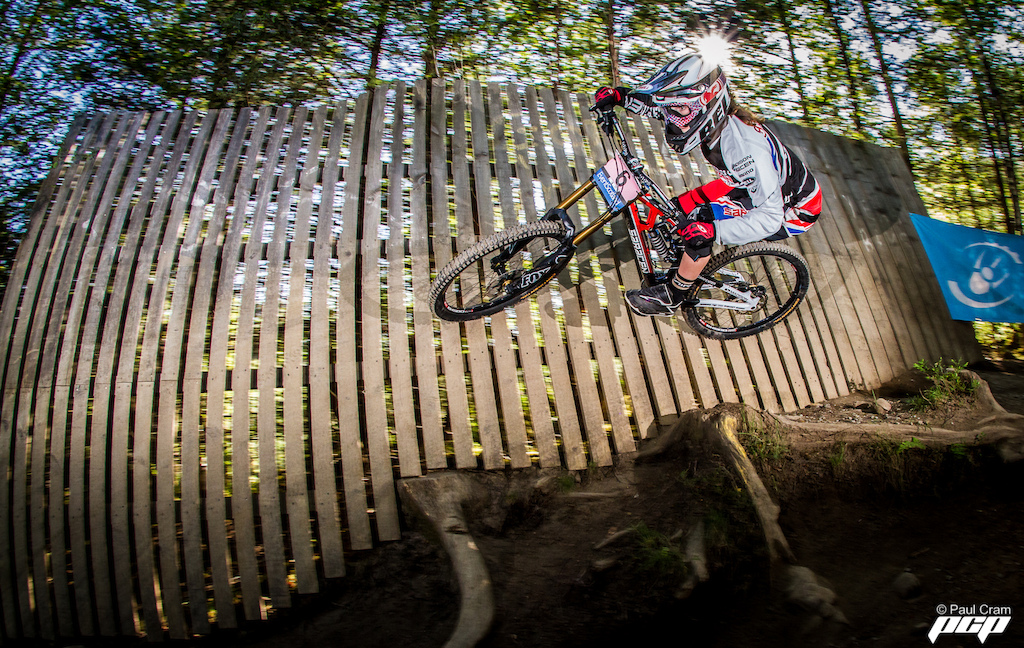 Manon hitting the wall ride in the wooded section. This was her last practice run Sunday morning.