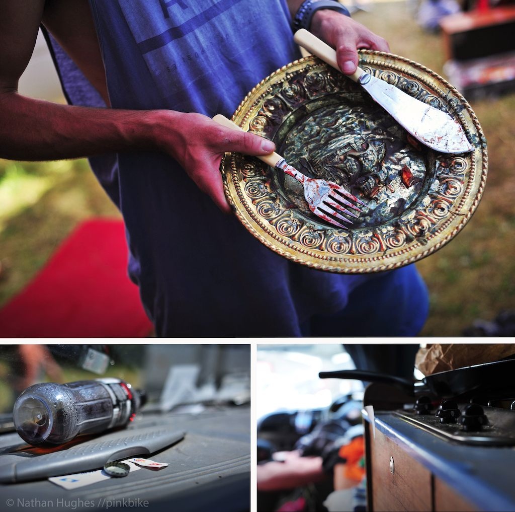 The 'Victory Plate' in all its golden glory, equipped with delicate slicing machete and blood smeared (?) five-prong fork. To dine from this receptacle is considered the ultimate honor in this ghetto race community. Only he with the fastest split shall lay his meat upon its embossed surface.