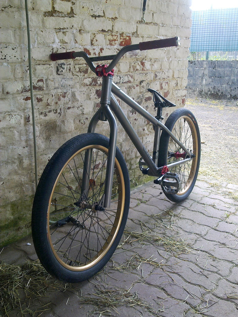 Frame : Candida Meno Titane • Fork : Candida Titane • Handlebar : Candida Proto titane • Head set : Salt • wheels : Salt brakeless • Tyres : KHE ma2 24" • Grip : Shadow • Rear hub : Shadow • Front hub : Salt • Stem : EFBmx • sprocket : EFBmx • seat tube : Black market • seat clamp : GT • Saddle : Velo • Complet bike : 7,2Kg
