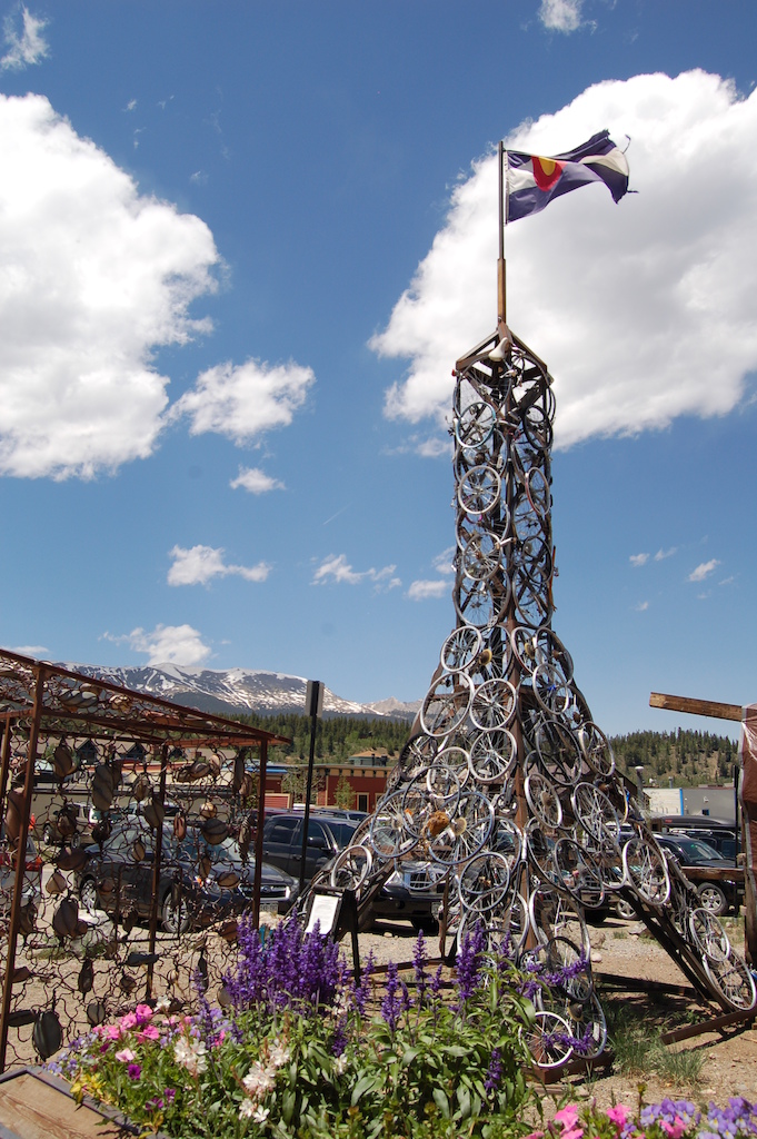 Bikeffel Tower in Breckenridge, Colo.

Watch the installation of the piece at its first home on the Riverwalk Center lawn (now it's in the Arts District): http://www.youtube.com/watch?v=U7G6B4Jxl9s