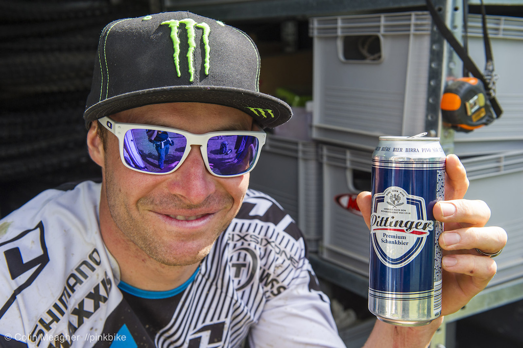 Jared Graves savoring that cold one before claiming second place for the race here in Val d Allos. With that placing Graves moves into first overall for the freshly minted Enduro World Series.