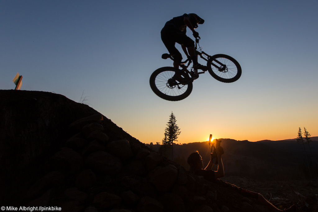 Chris Johnston with a sunset shot on Thrillium's step-down jump with Tom Teller getting some footage