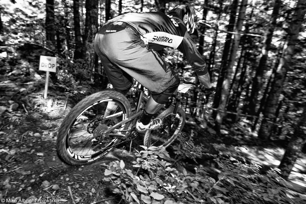 Shimano's Joe Lawwill on The Cold Creek Trail drop.  After the landing there is a loose right-hand turn that some had trouble with.