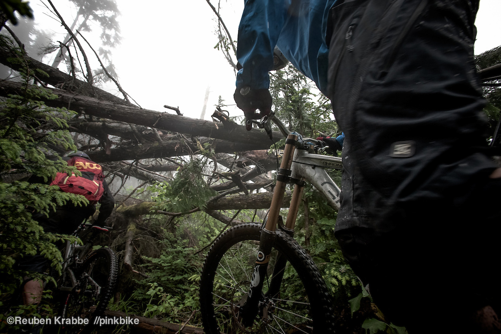 Stephen Matthews follows wade simmons through blown down trees. Sumas