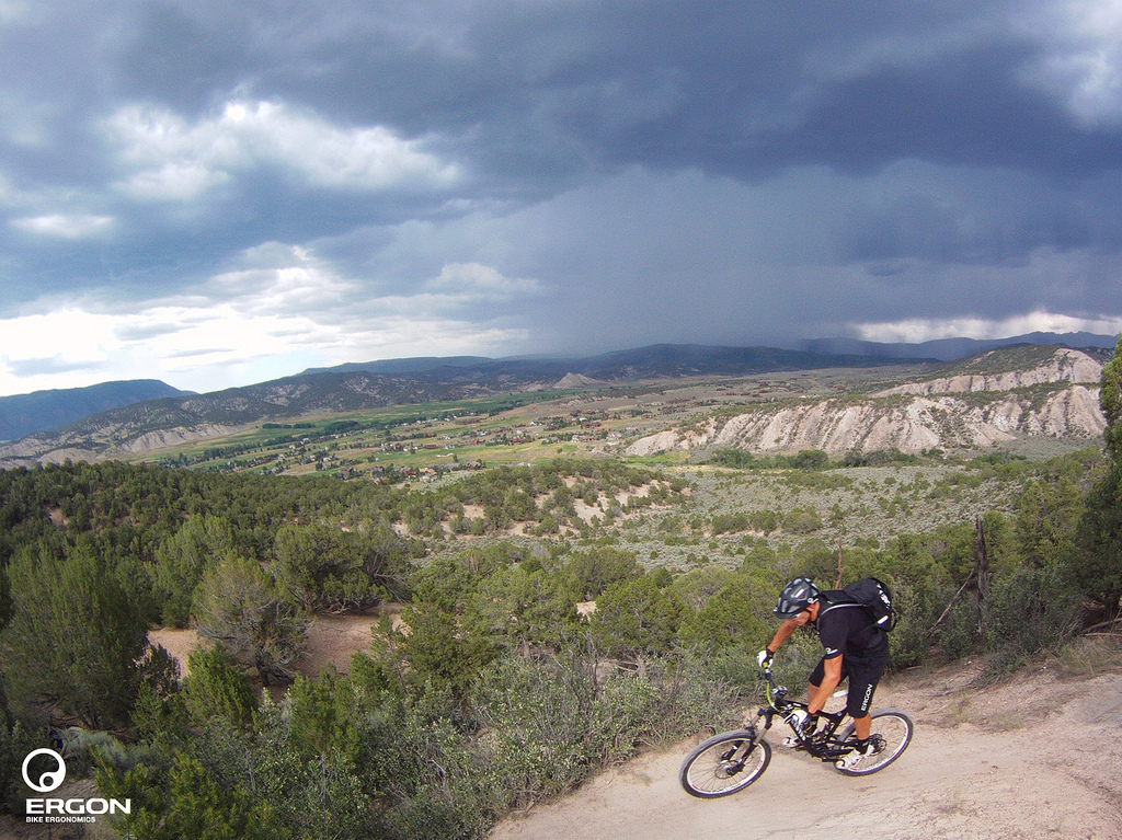 Ergon USA - Colorado office is closed for the day. Thunderstorms moving in over New York Mountain. The Canyon Strive is within arms reach. The time-trial up, then down, to beat the rain is ON!