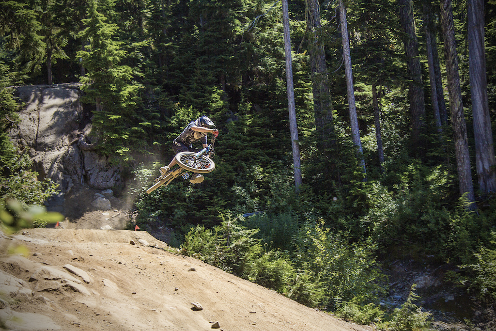 getting stylish on drop in clinic in whistler bike park.