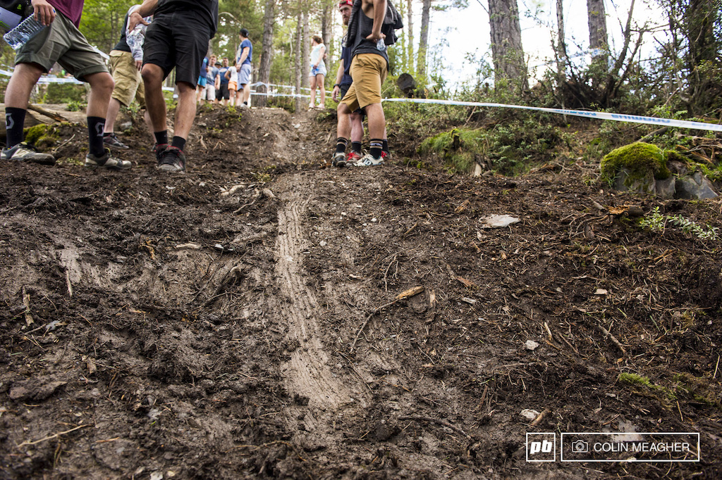It's not just how steep the track is, either. You've also got some of the greasiest dirt around, as evidenced by the slide marks left in the clay festooned soil on all the steeper sections of track.