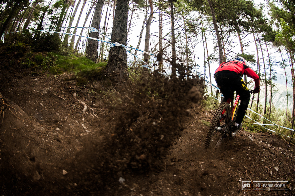 Lost of roost here in Andorra. The track is freshly built, and with a day free of rain things are starting to loam up a bit and getting fast. Stevie gives the dirt a taste test.. and so does my camera.