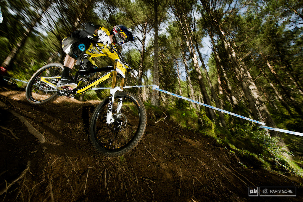 Gee Atherton still a dangerous threat to the competition placed third today in qualys. Still doesn t mean much as Gee is still on fire from his blow out season so far.