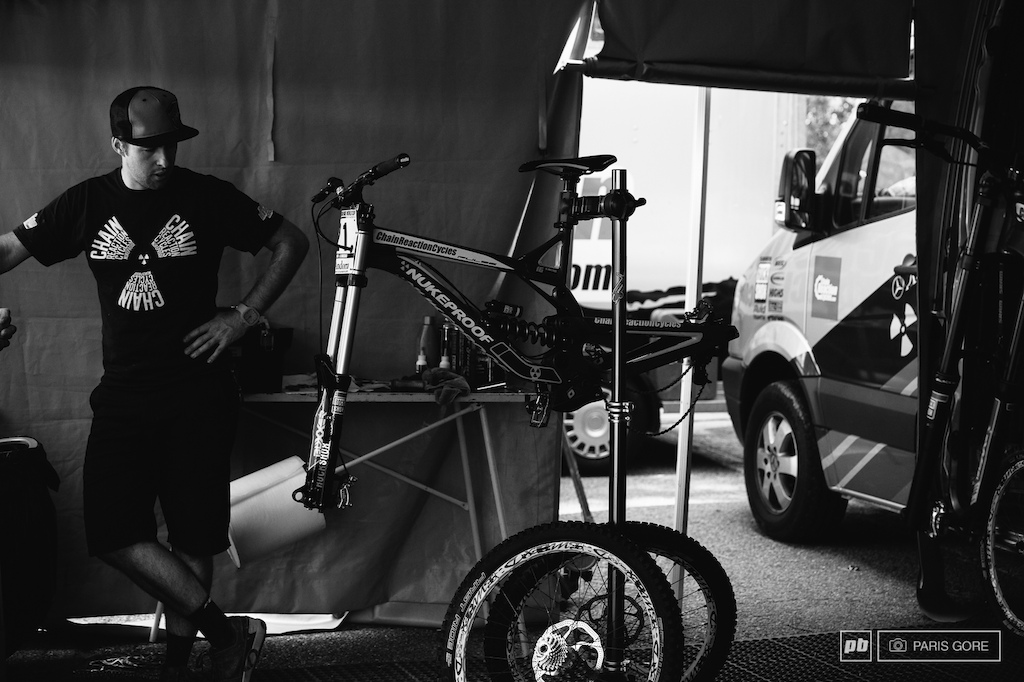 What a day for Nukeproof and team. Sam Hill mashing down the first spot and bikes getting prepped for tomorrows last day of practice.