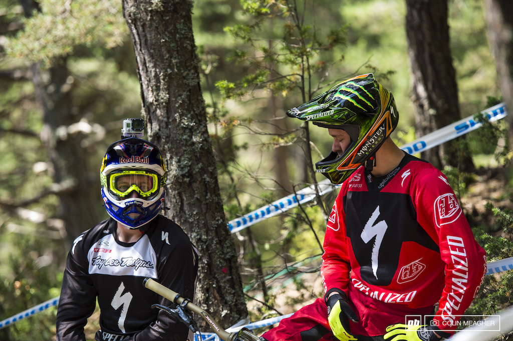 Brosnan and Gwin talking line choice on one of the trickier steep sections.