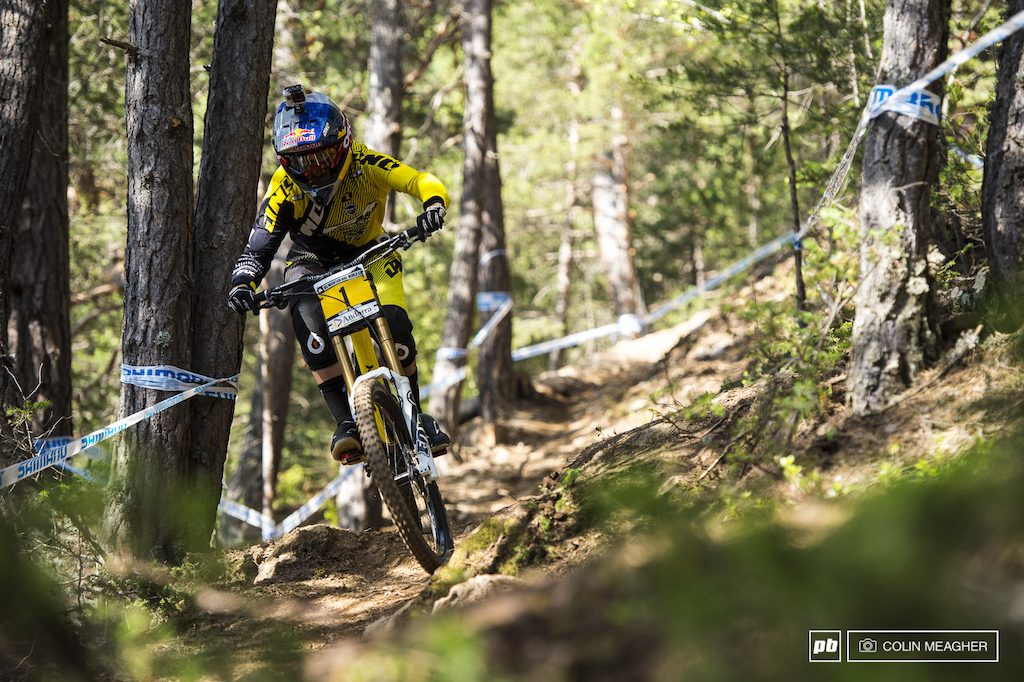 Rachel Atherton with the go pro on her final practice run before qualifying... evidently Rachel missed something while reviewing the track--an off the bike pushed her back to second behind Manon Carpenter.