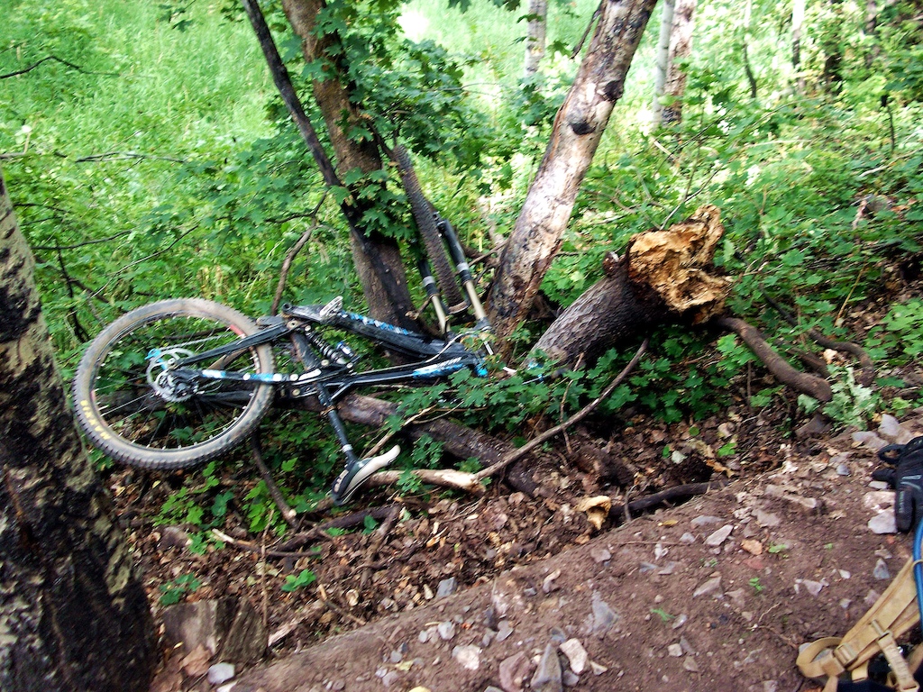 Basically I went way too fast into a section of trail and had no chance of making the flat/elevated corner. Flew off the trail, smashed through a dead tree (half of which is hidden by the drop-off) and luckily came out of it with nothing close to serious. If that tree was alive, I probably wouldn't be.
