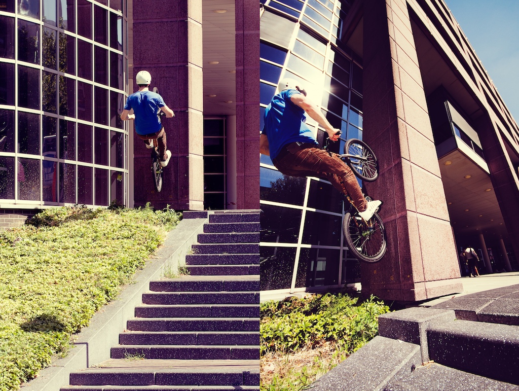 Techy long ledge upwards, to sideways hop to wallplant to fakie