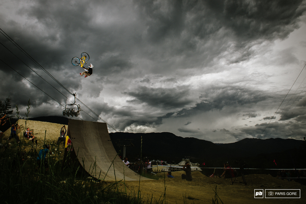 Sam Dueck flip whipping over the dark clouds of Mordor. Dark skies and a little rain threatened the event but not enough to effect any of the next level riding.
