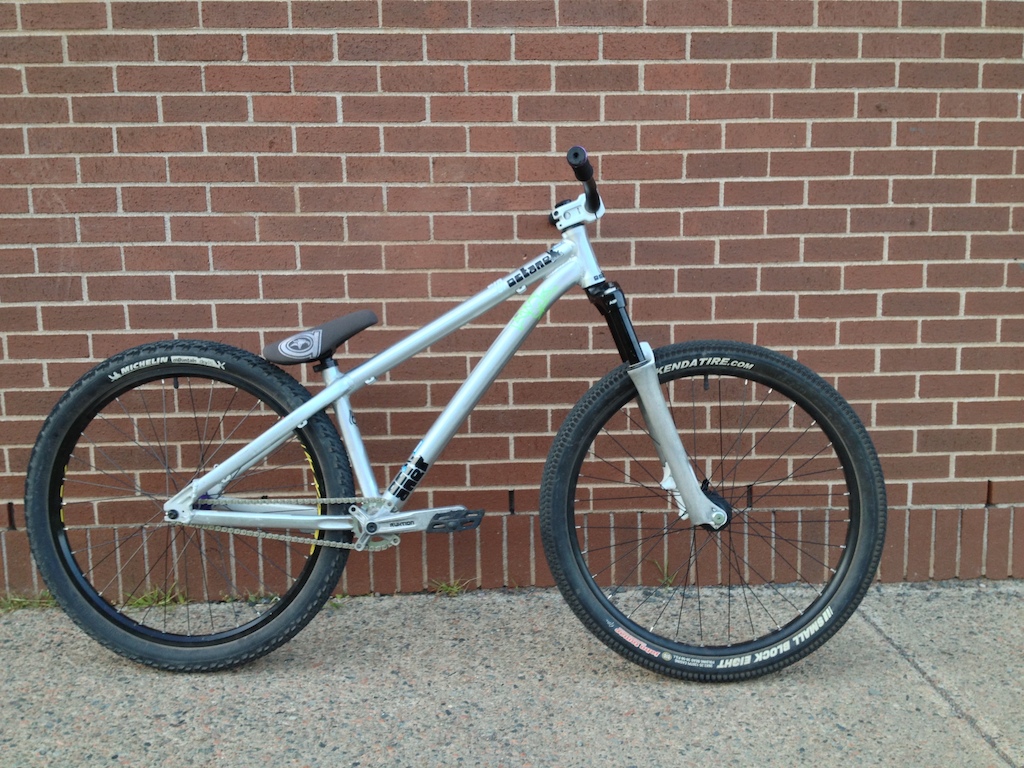 2013 Octane One Zircus
-2008 Marzocchi Dirt Jumper 1 forks
-Sun Rims Singletrack front rim laced to Formula DC71 20mm hub
-Kenda Smallblock 8 2.35 DTC front tire
-Mavic EX721 rear rim laced to NS Bikes 10t Primary Hub
-Michelin Mountain Dry2 2.15 rear tire
-Deity Components Fantom 31.8 stem
-Sunline V2 OS low rise bars 
-Octane One bolt on grips
-Truvativ Ruktion crankset
-Howitzer bottom bracket
-Blacklabel Graduate pedals
-YBN halflink chain
-Animal seat
-LaCasa seat post 
-Specialized seat clamp

25 pound brakeless dirt jump custom build