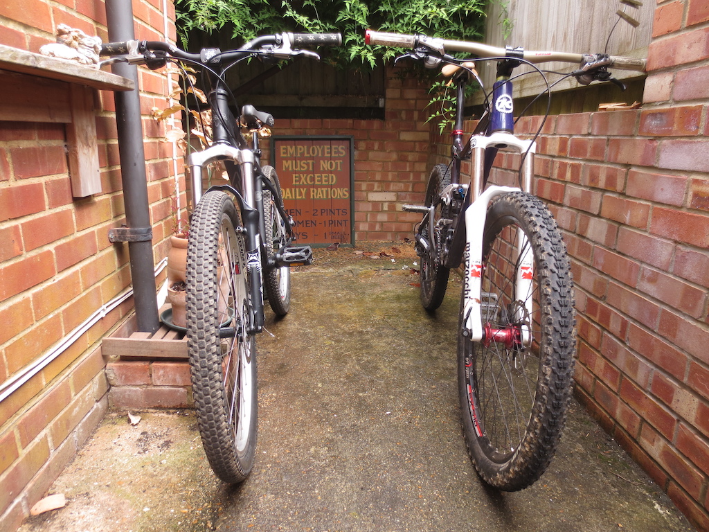Immaculate 2003 Kona Scrap (for sale on UK ebay at the moment!) and 2012 custom built Kona Abra Cadabra!  Both running Marzocchi forks - 2003 EXR Comp 100mm and 2012 44 Micro Switch TA.