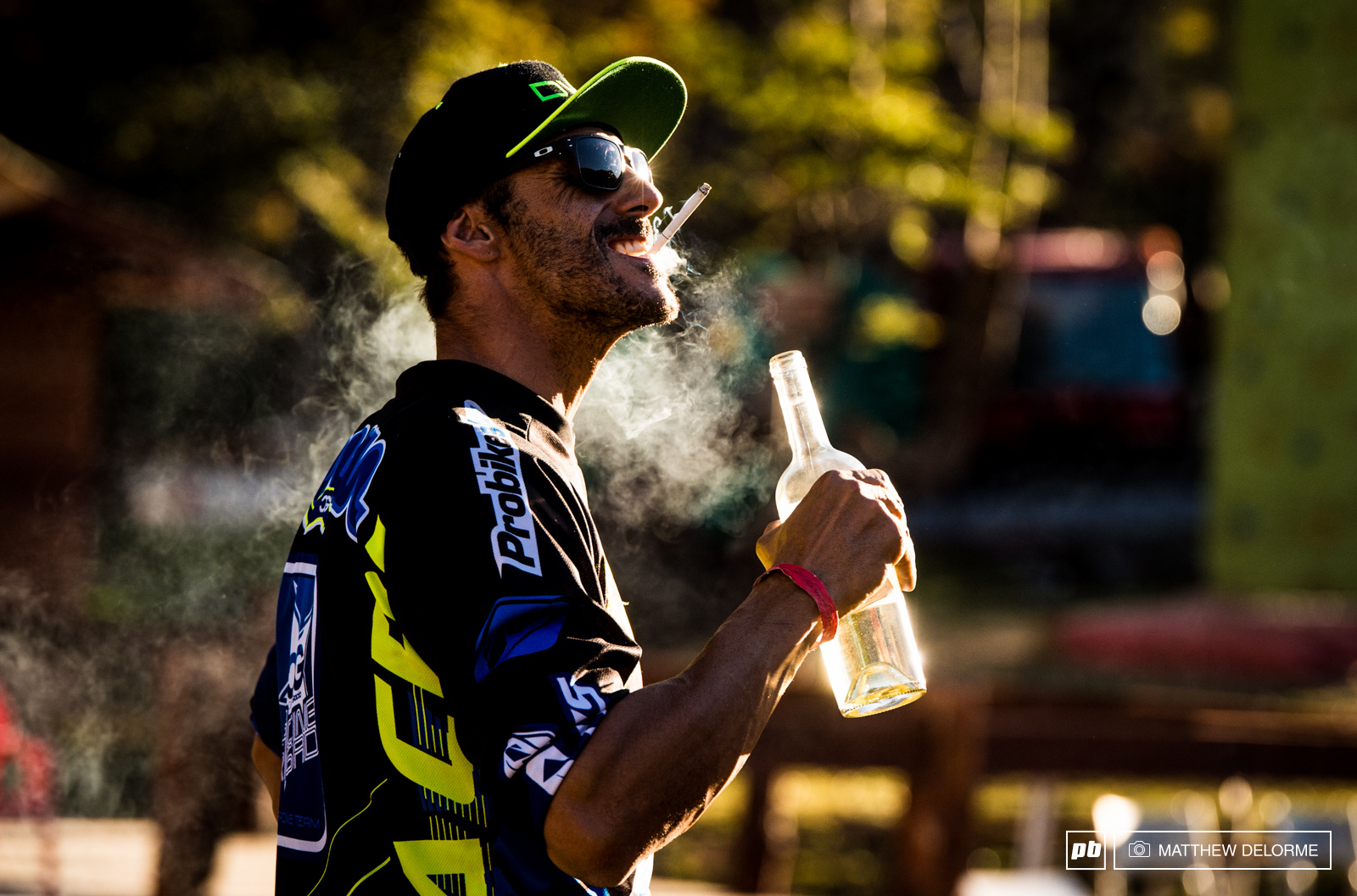 Celebrating the Gracia way. The wild man enjoying a couple of vices after long hard weekend on the bike. In his words, "F*ck it. This is Enduro."