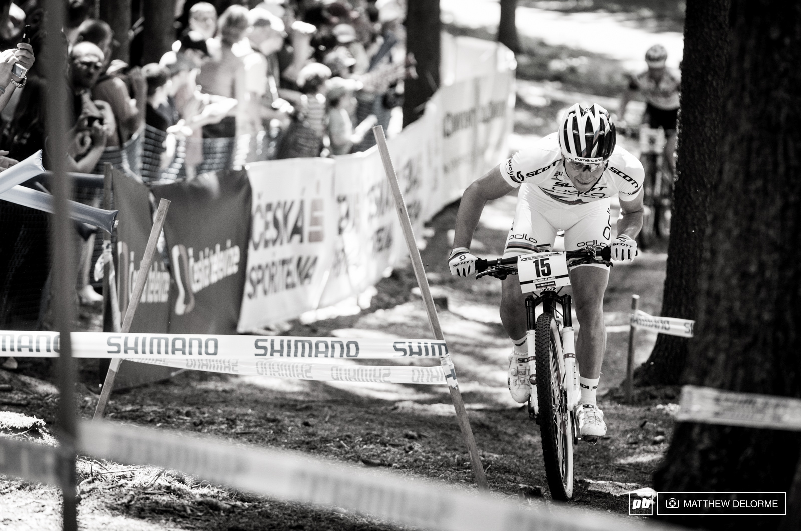 Nino Schurter started back on the second row today and quickly moved into first place during the start loop. The World Champ never looked back and took an easy win here in Nove Mesto. Looks like a time off did him some good.