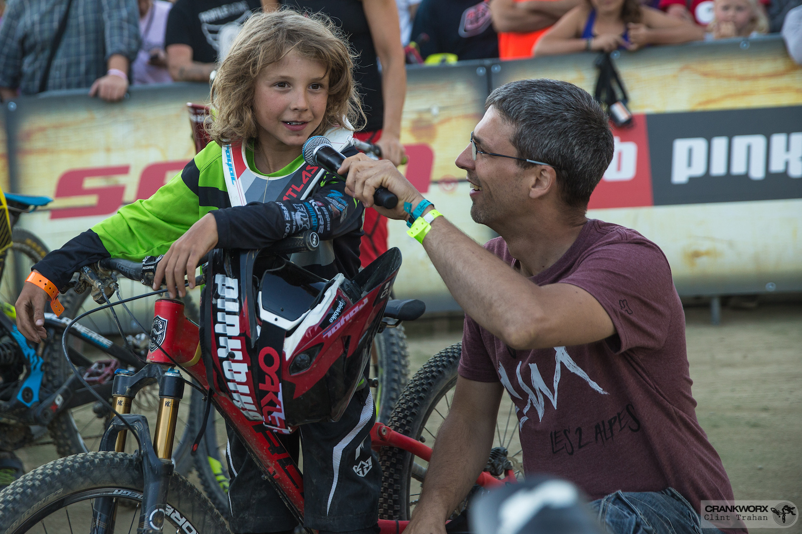 Ten year old Shredder Jackson Goldstone of Canada, winner of biggest amplitutde, is interviewed for the crowd at Crankworx Les Deux Alpes.(Photo by clint trahan/crankworx)