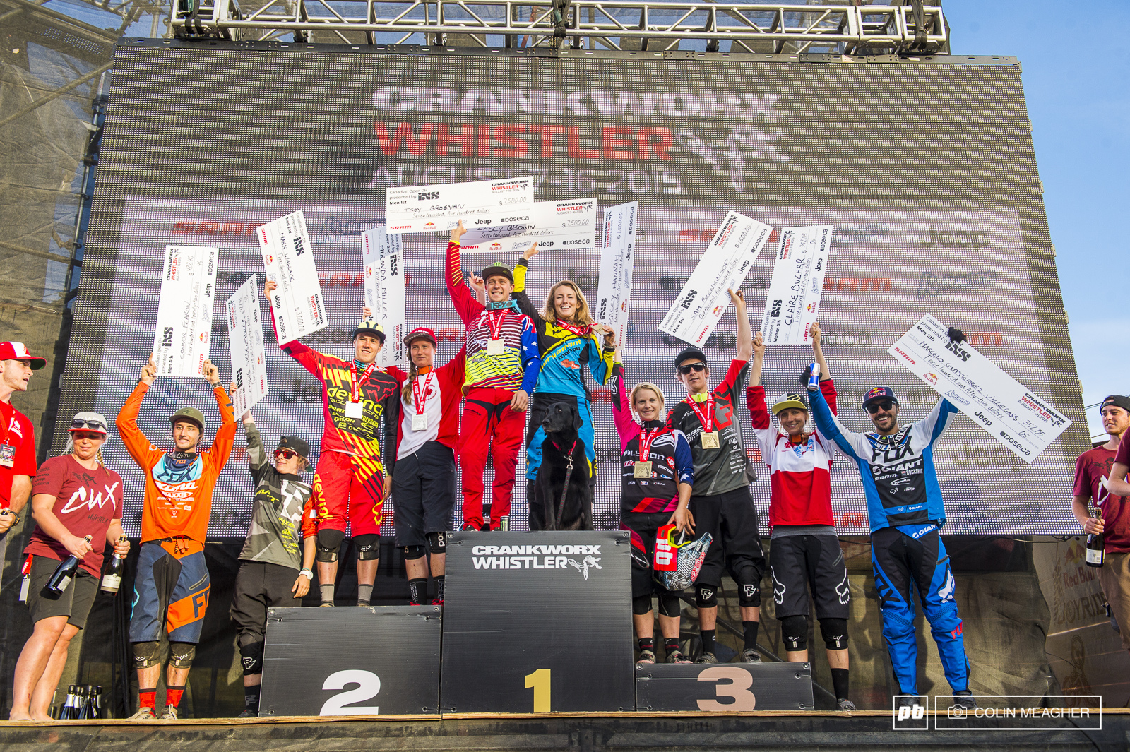 Canadian Open DH Podium (L-R). Connor Fearon and Emilie Siegenthaler (4), Mark Wallace and Miranda MIller (2), Troy Brosnan and Casey Brown (1), Tracy Hannah and Sam Blenkinsop (3), Claire Buchar and Marcelo Gutierrez (5).