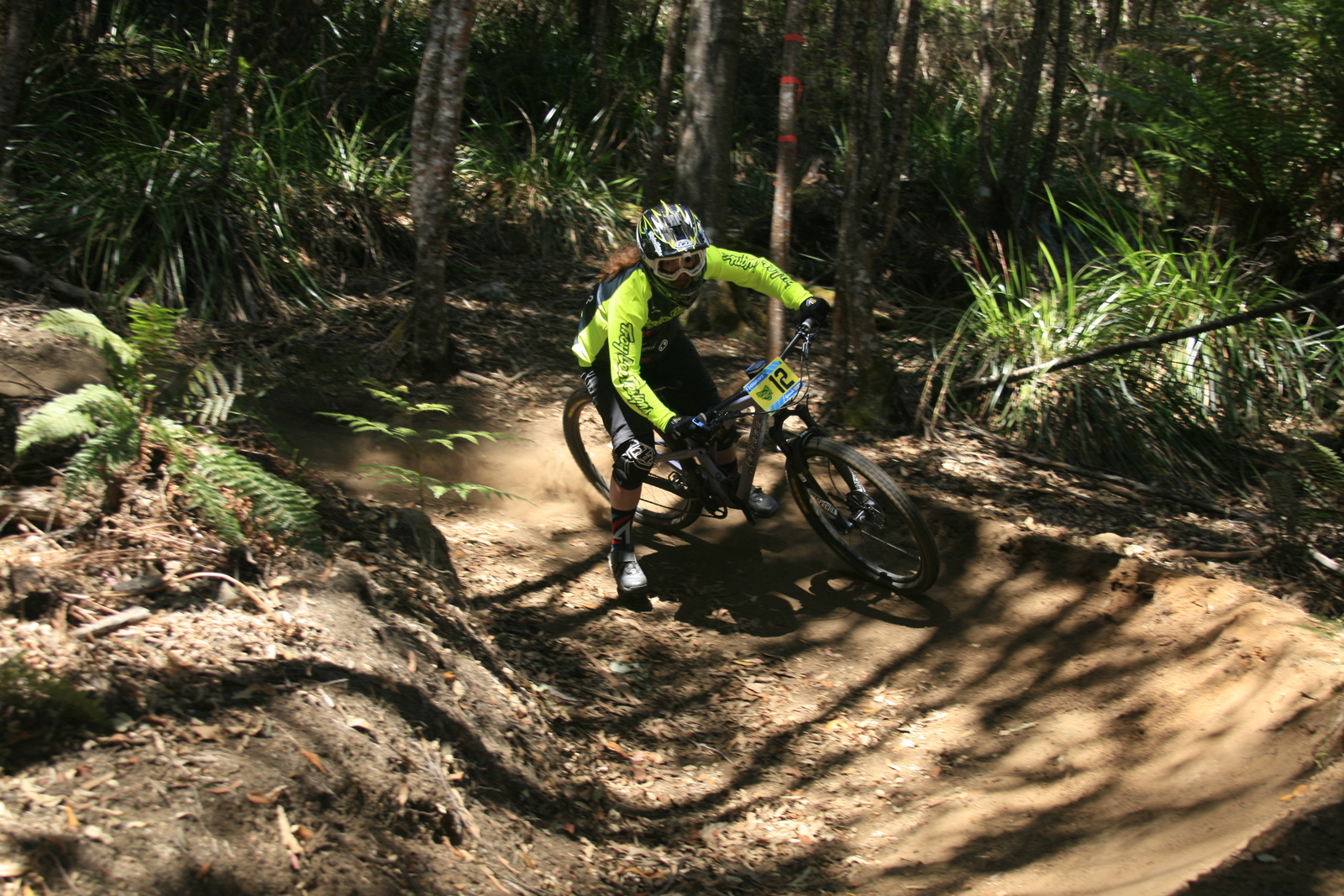 High in the berm, Schapel on her way to securing the overall series title in the TAS Gravity Enduro Series.